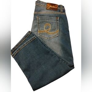 Size 16 7 For All Mankind Women's Blue Denim Capris with Embroidered Back Pocket